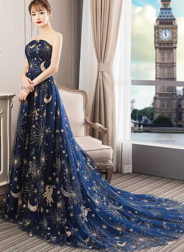 Navy Blue Tulle Mesh Long Off Shoulder Formal Dress, Blue New Style Party Dress Prom Dress HZ1023